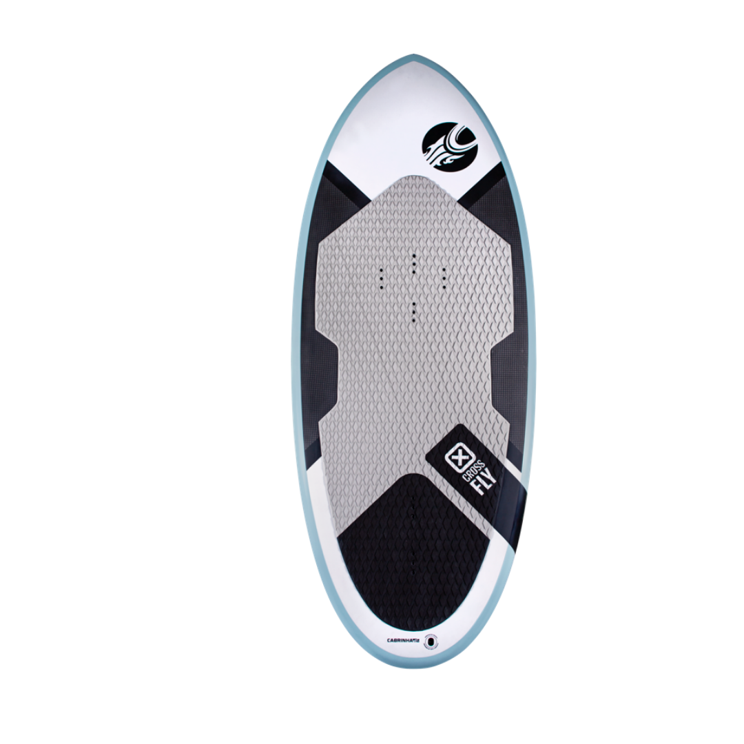 A Cabrinha X-Fly wing foilboard with a geometric pattern design, featuring black, white, and gray colors, and a visible brand logo.