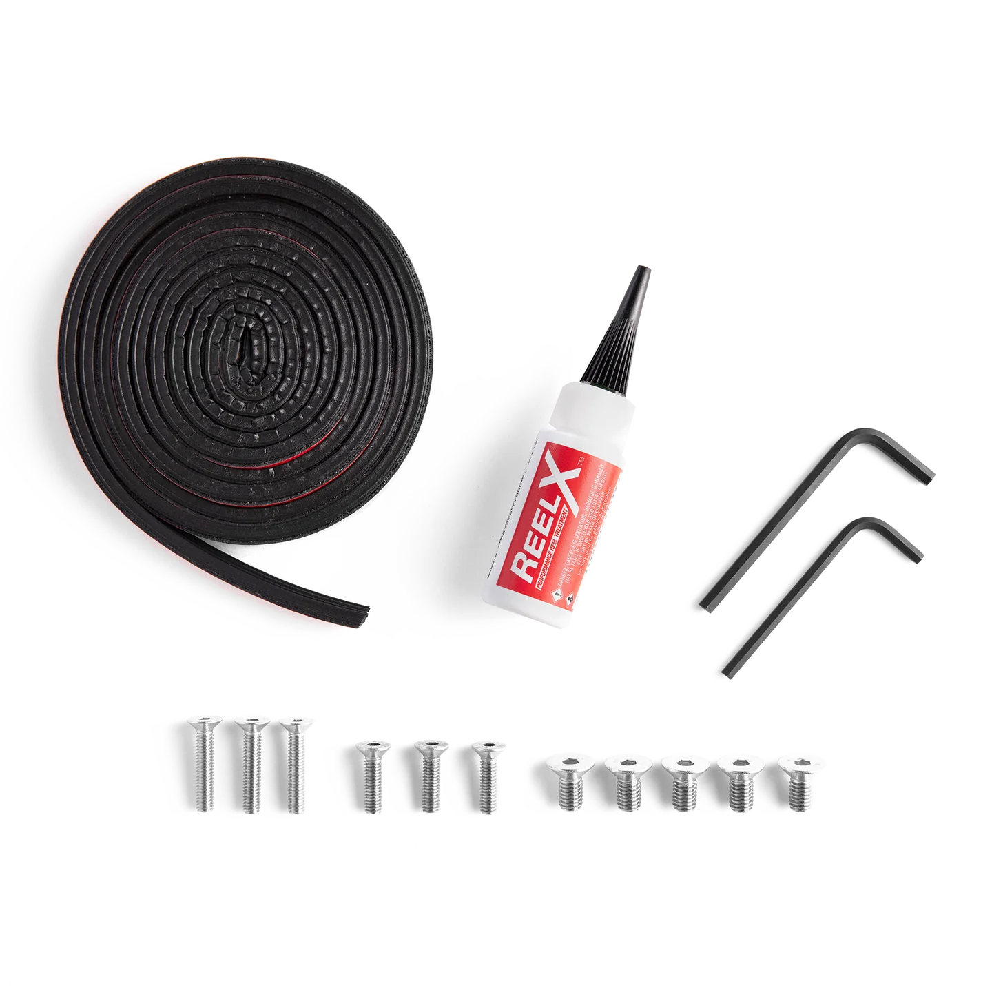 A collection of hardware items for a Lift eFoil, including black seal tape, screws, and hex keys, displayed on a white background.