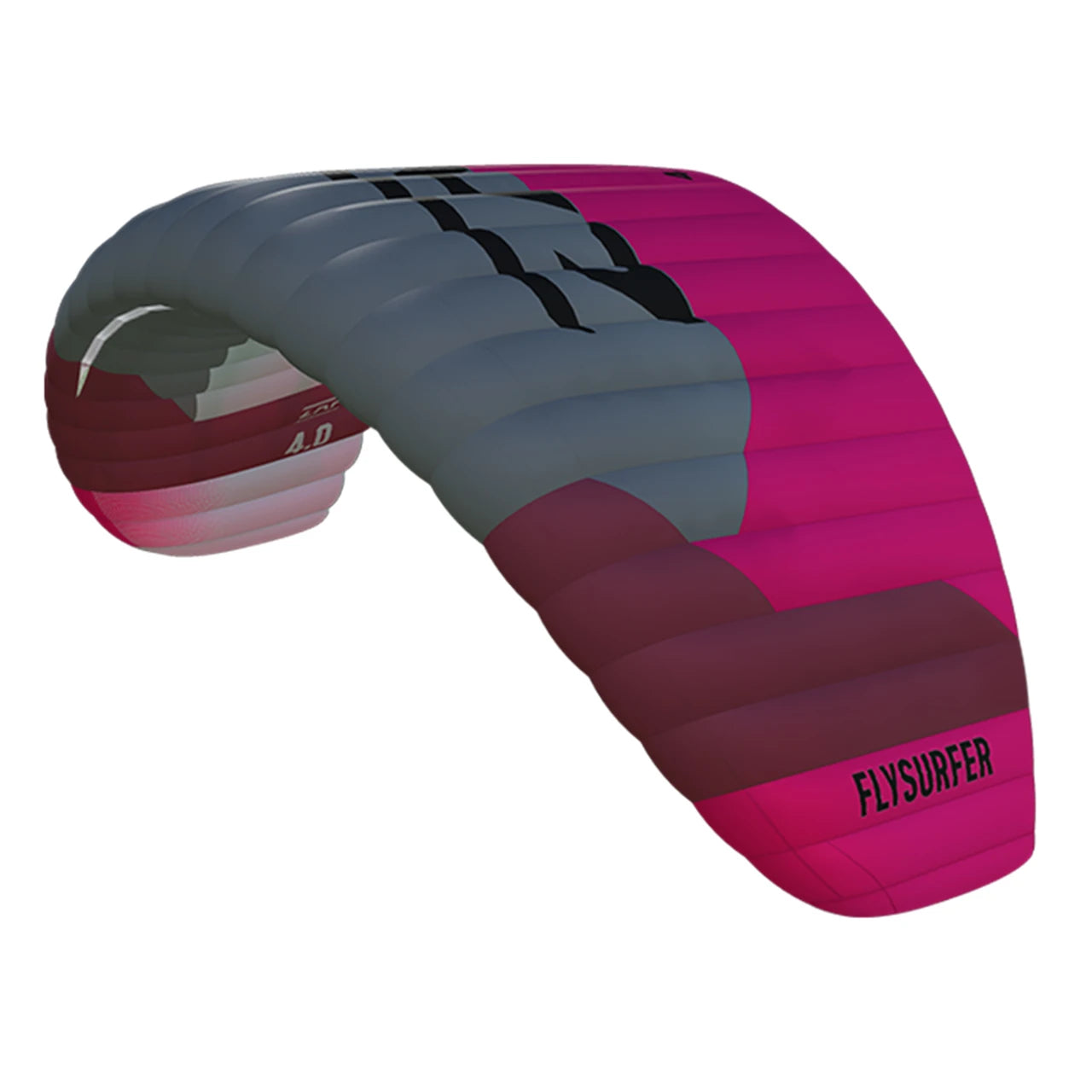 A foilboarding parawing or sail shown isolated on a plain white background. The product has a curved shape with a color-blocked design: dark gray on the upper section, magenta pink on the right side, and darker burgundy/magenta on the lower section, with black branding text reading FLYSURFER and a small model marking near the left side.