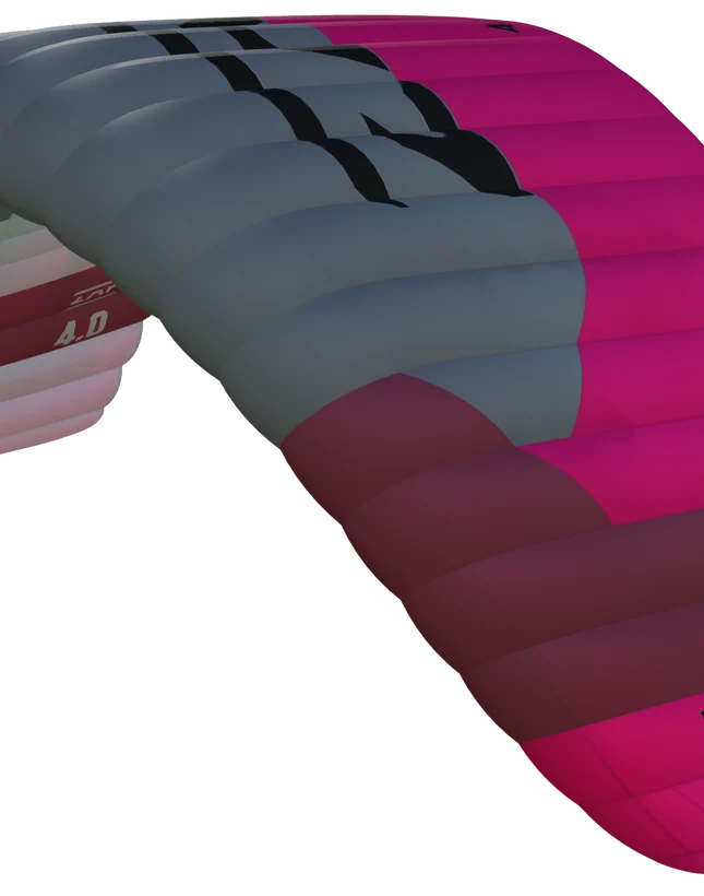 A close-up of a Flysurfer Zap parawing  canopy with segmented panels in bright pink, gray, and dark magenta, plus a small red section with white text.