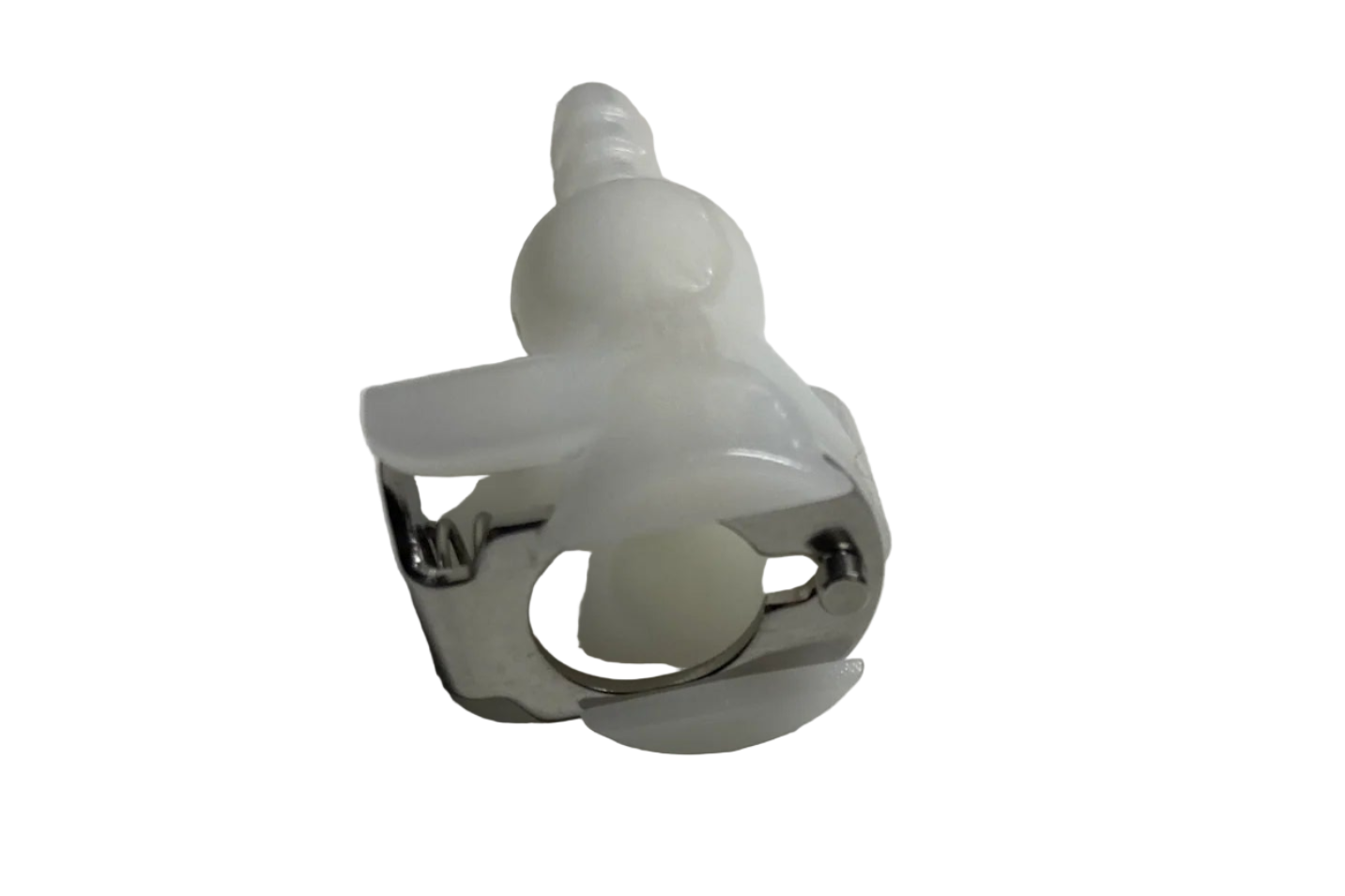 Metallic clip with a white plastic component on a white background