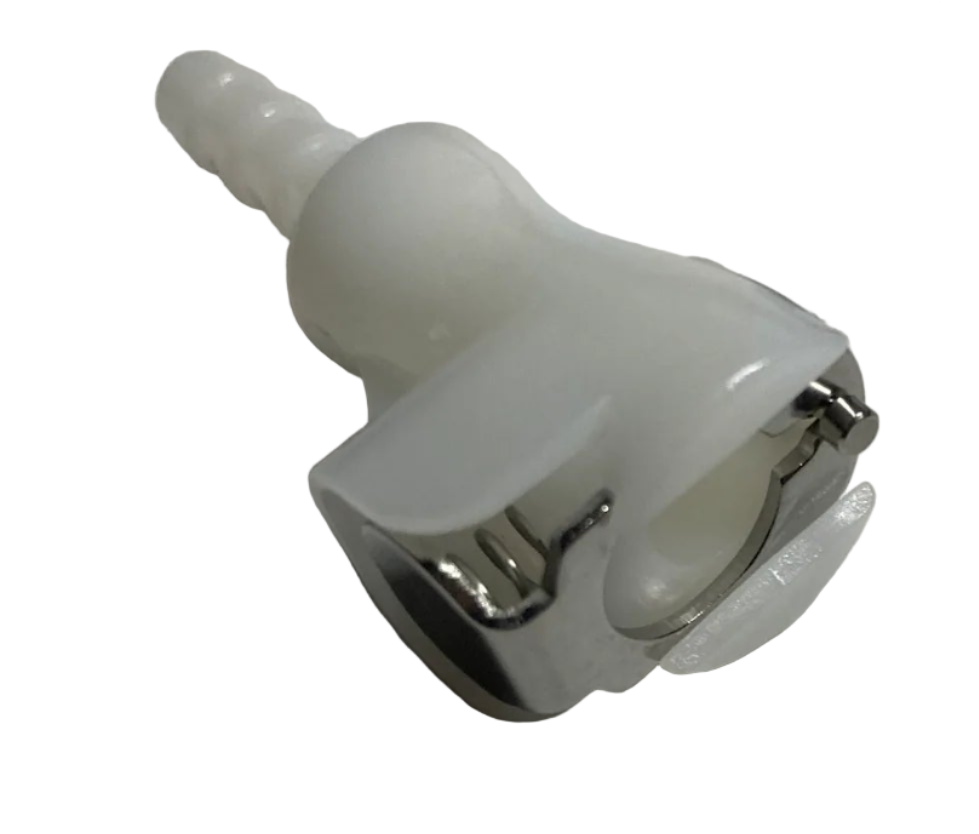 white plastic cooling line fitting with some silver metal components.