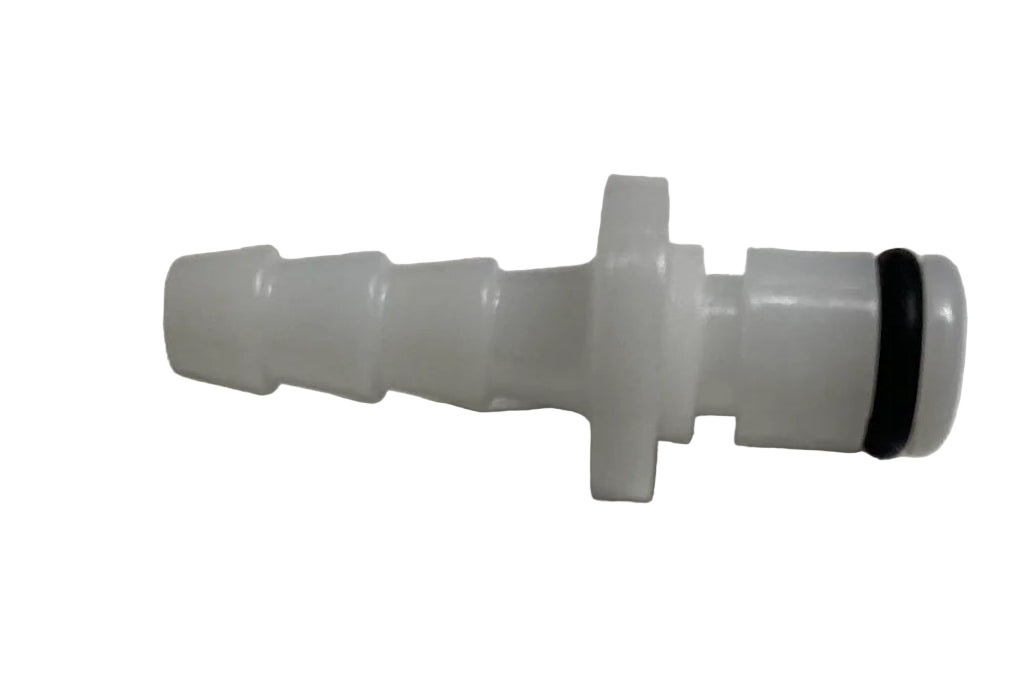 white and black plastic fitting on a white background.