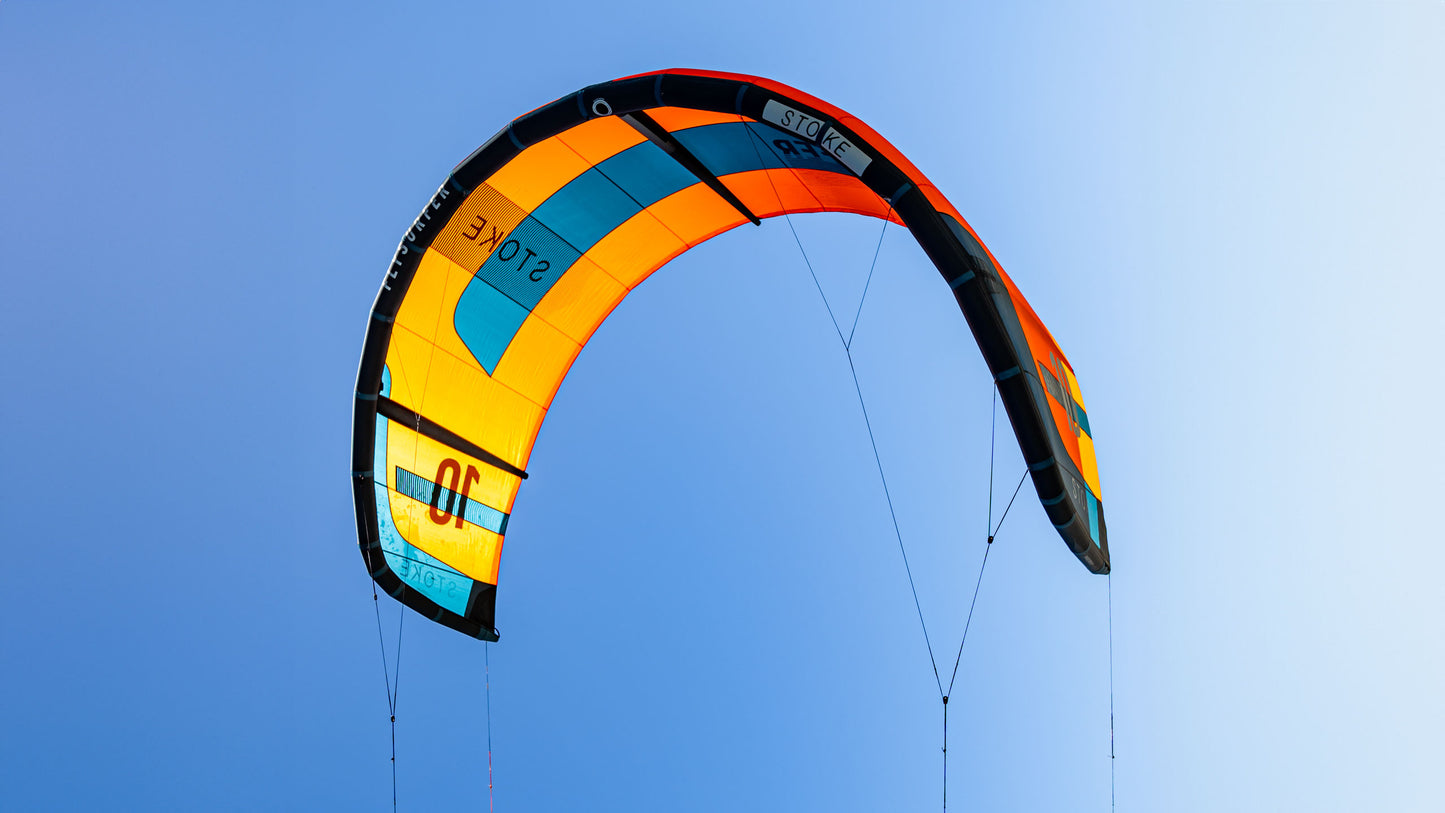 Flysurfer Stoke kiteboarding kite with streamlined force frame to enhance stability and control. Thicker leading edge at front and thinner at the end. Reinforced with Dacron and D2 sail cloth as well.
