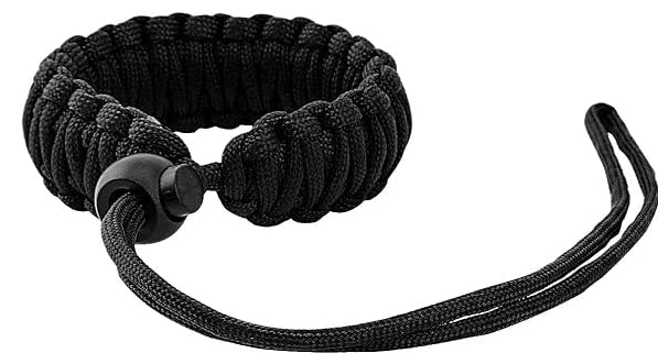 Paracord bracelet, black, on a white background.