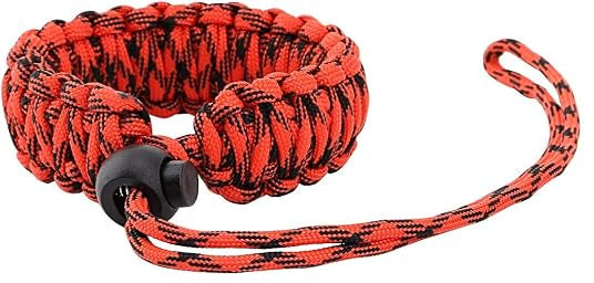Paracord wrist leash, red and black, on a white background.